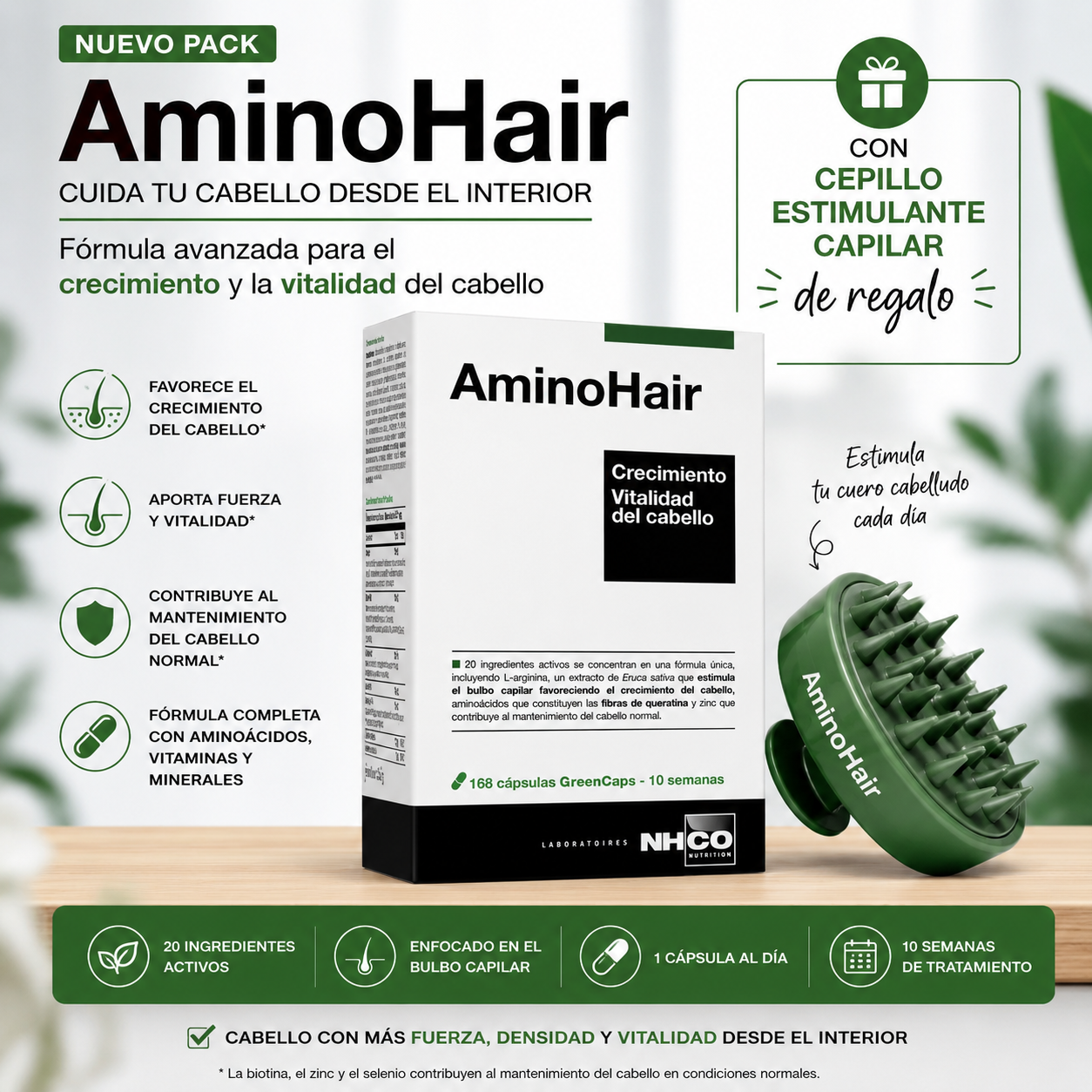 AminoHair 168 cápsulas NHCO + Cepillo estimulante capilar de REGALO