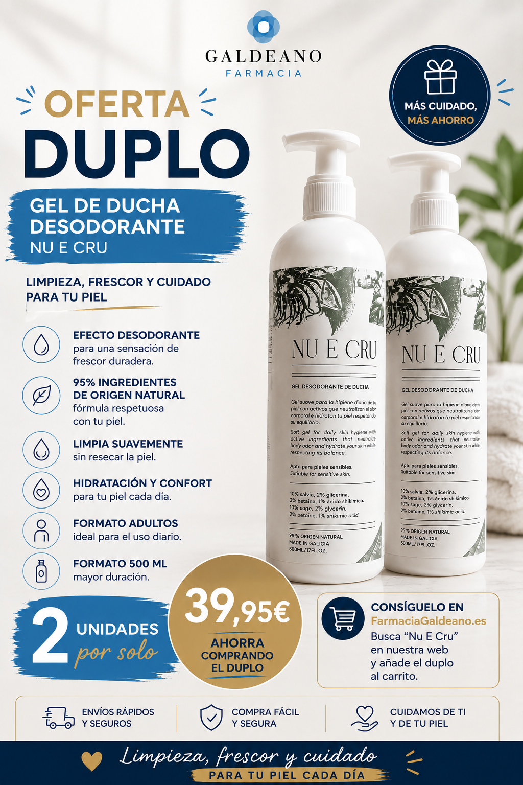 NU E CRU GEL DESODORANTE DE DUCHA NATURAL 500ML - Imagen 2